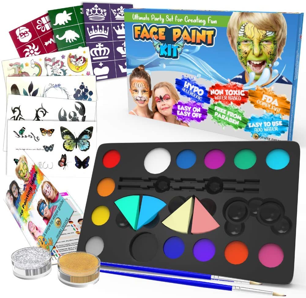 Desire Deluxe Face Painting Kit for Kids, 16 Colors of Non-Toxic, Easy to Use and Hypoallergenic Makeup Face Paint