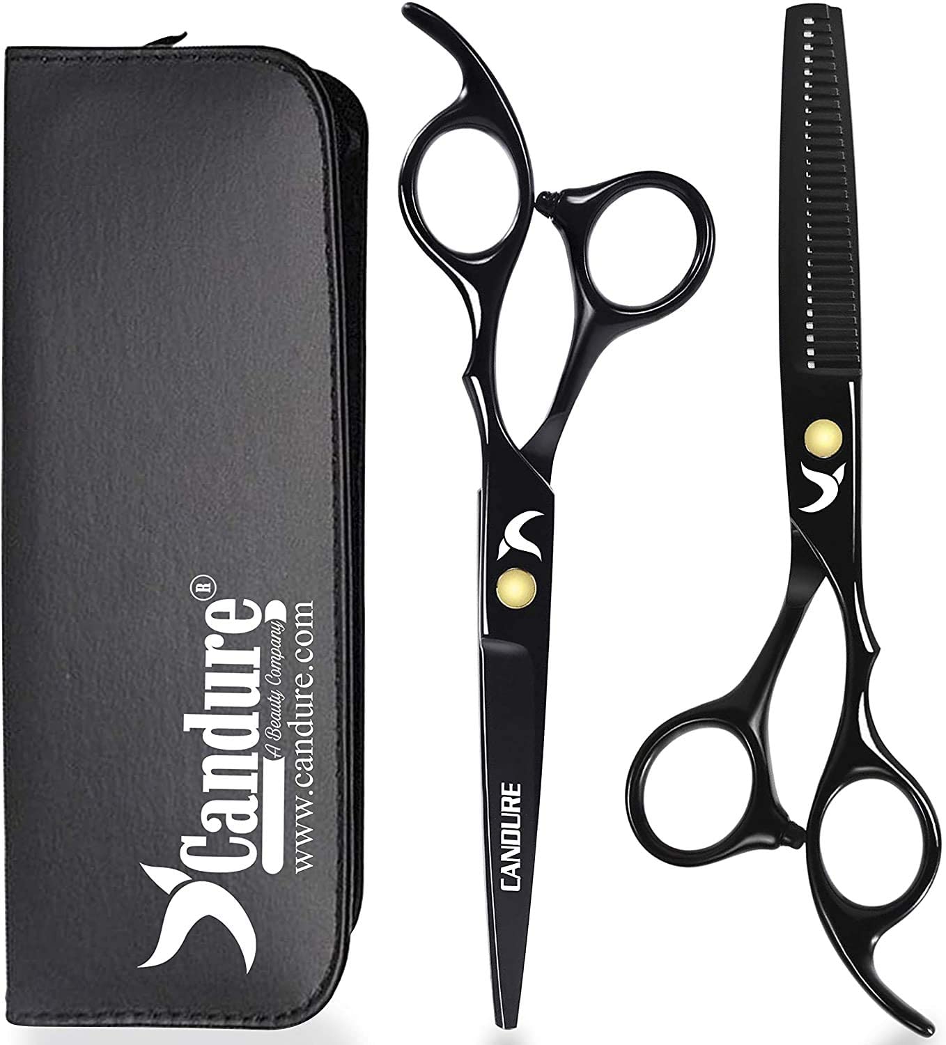 Candure Hairdressing Cutting Scissors Barber and Thinning Salon Shears Set 5.5 inch, Deep Black, 5.5"