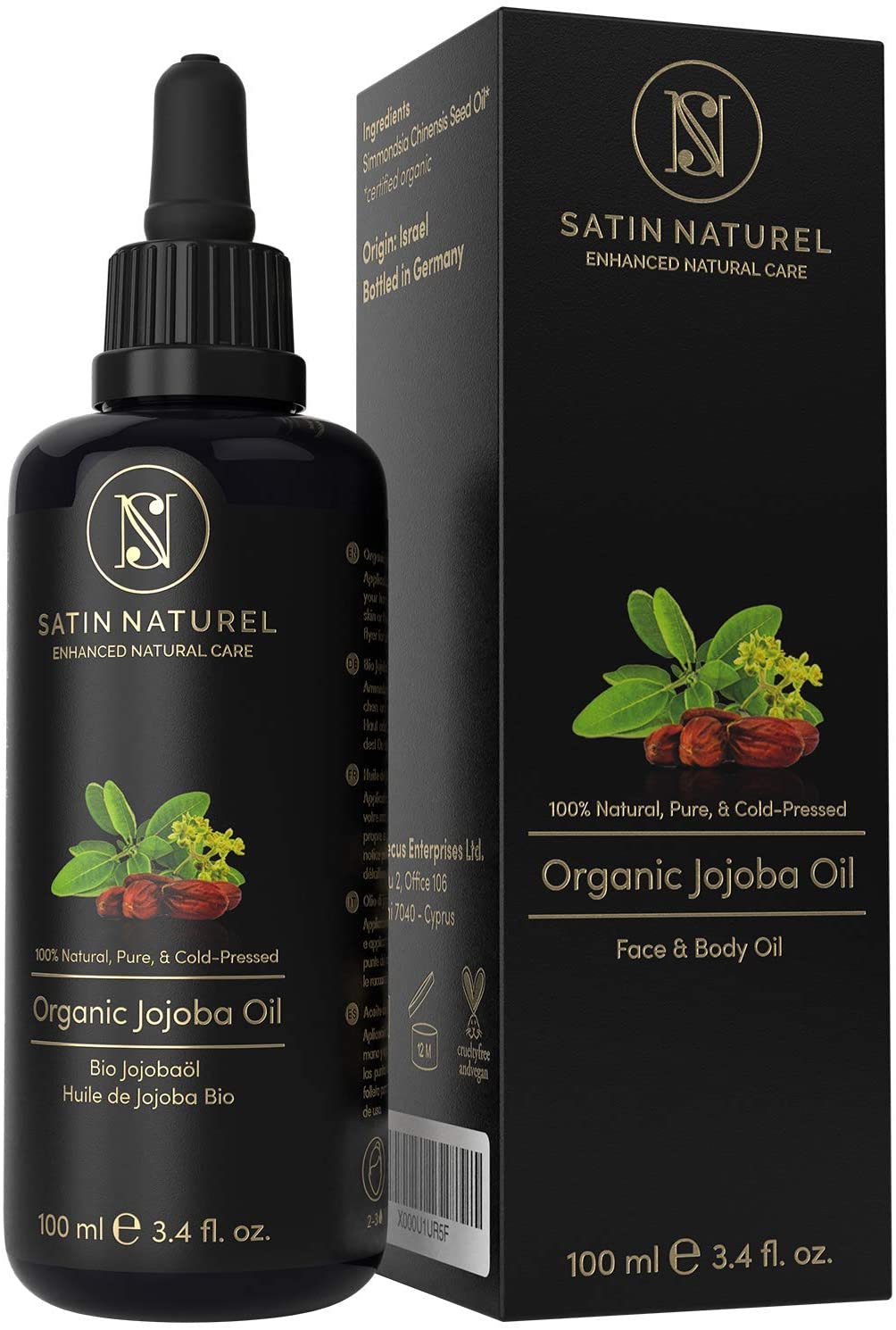 Organic Jojoba Oil 100ml, Cold-Pressed, Vegan Skin & Hair Care with Vitamin E