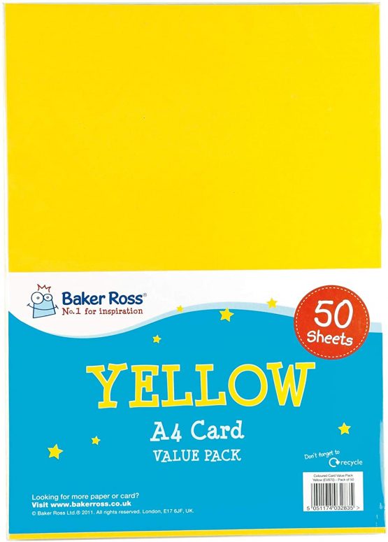 Baker Ross A4 Yellow Coloured Card (220gsm) Value Pack (Pack of 50), Perfect for Children Art & Craft Activities, Collage and Model Making