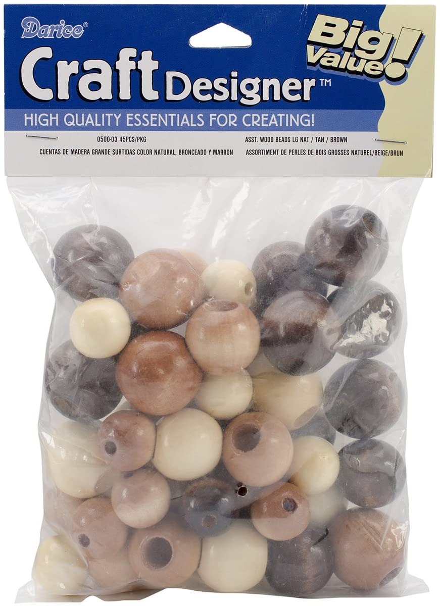 Darice Large Wood Beads Assorted 45/Pkg-Earth Tones, Transparent