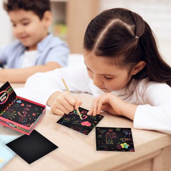 Scratch Arts [125 Sheets + 2 Wooden Stylus + 2 Stencils] Arts and Crafts for Kids, DIY Projects, Black Paper Magic Rainbow Painting Boards [8.5*8.5cm] - Image 4