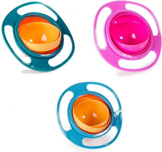 Berry President(TM Set Of 3: Magic Bowl 360 Degree Rotation Spill Resistant Gyro Bowl with Lid For Toddler Baby Kids Children, Orange+Blue+Green