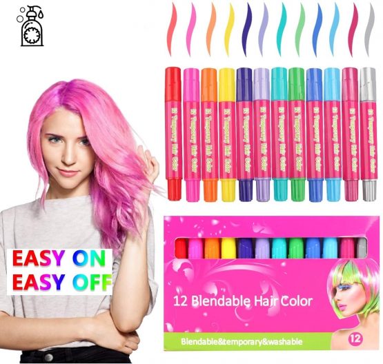 Hair Chalk, 12 Colors Hair Crayons for Girls Kids Washable Non-Toxic Portable Hair Chalk Pens for Party and Cosplay DIY