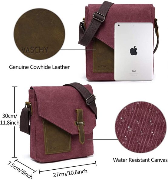 Man Bag, VASCHY Water Resistant Small Messenger Bag Shoulder Bag Vintage Canvas Leather Cross Body Bag with Multi-Pockets（Black） - Image 4