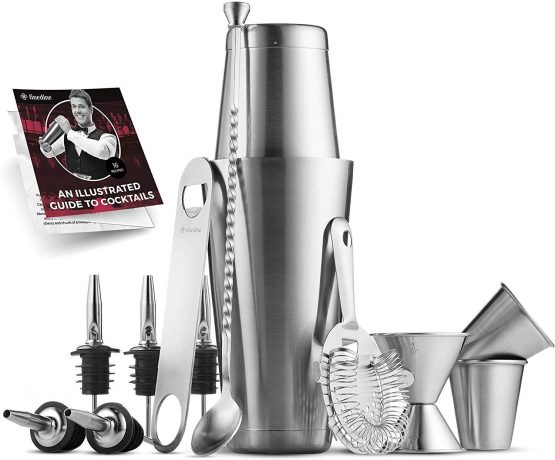 All-Inclusive 14-Piece Cocktail Making Set - Brushed Stainless Steel Cocktail Shakers with All Bar Accessories, Home Bar Cocktail Shaker Set - Great Bartender Kit Gift, Cocktail Set with Recipe Book