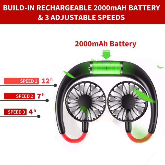 Portable neck Fan Hand held Hand Free Fan USB Rechargeable mini Sports Neck Hanging lithium Battery Rechargeable fans desk small fans office tiny little Perfect forTraveling Outdoor Room (Black) - Image 3