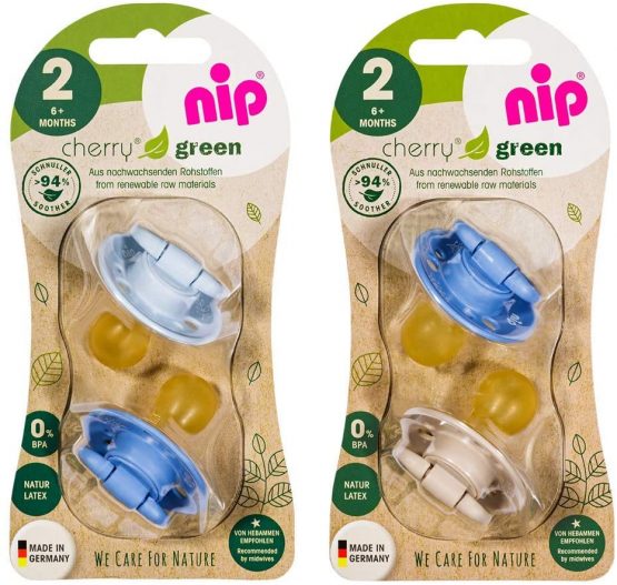 nip® Eco Dummy Cherry Green Soother 6-32 months Size 2, Multi-Pack for boys, Pack of 4, 94% Renewable raw Materials