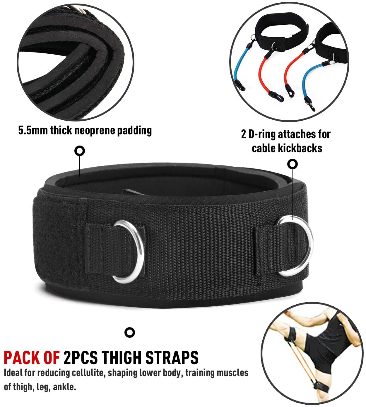 TOBWOLF 4 Pack Fitness Thigh Straps with Ankle Cuffs, Soft Neoprene