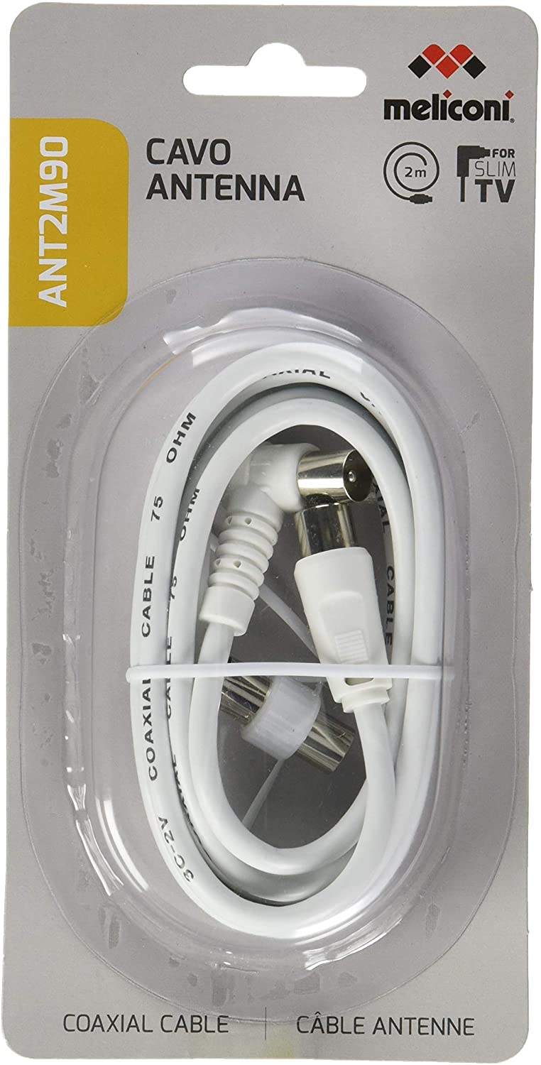 Meliconi Coaxial Aerial Cable Plug 90° Adapter M/M Included 2M, White, No