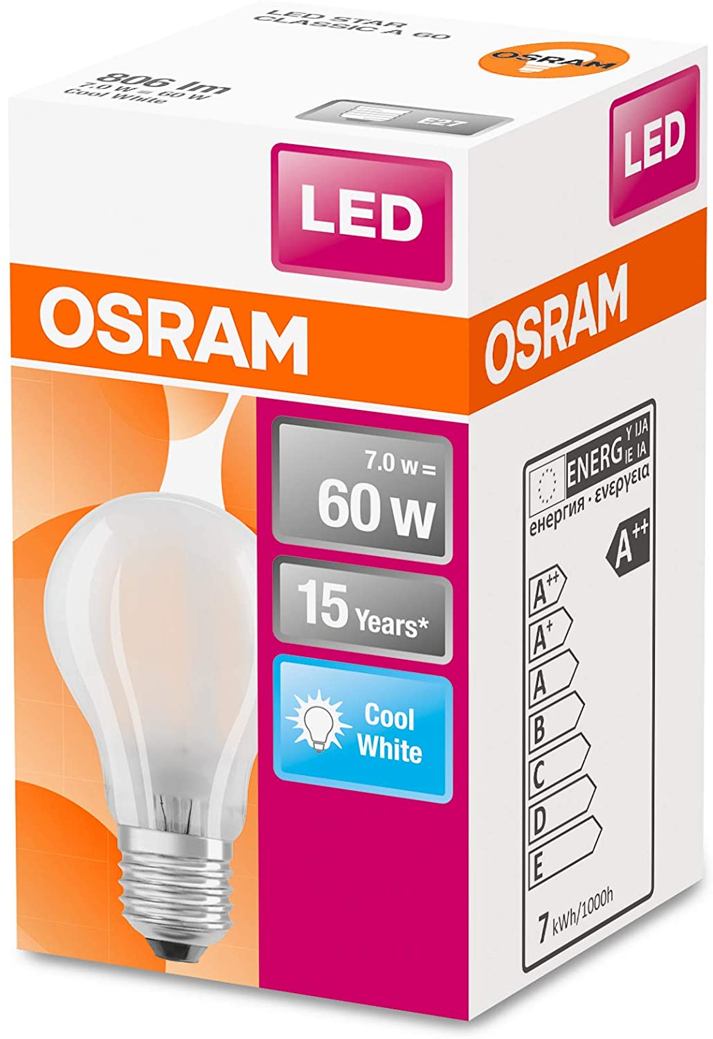 OSRAM LED lamp, Base: E27, Cool White, 4000 K, 7 W, Replacement for 60 W Incandescent Bulb, Frosted - Image 3