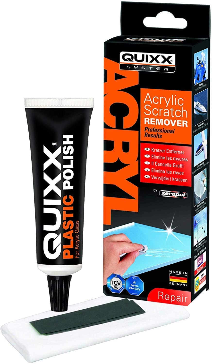 QUIXX QA1 Reliable Acrylic Surface Scratch Remover for Car Motorcycle  Caravan Boat Furniture Etc. Includes 50g Tube Polish, Polish Cloth and  Special Abrasive Papers, TÜV certificate, Also for Deeper Scratches –  BigaMart