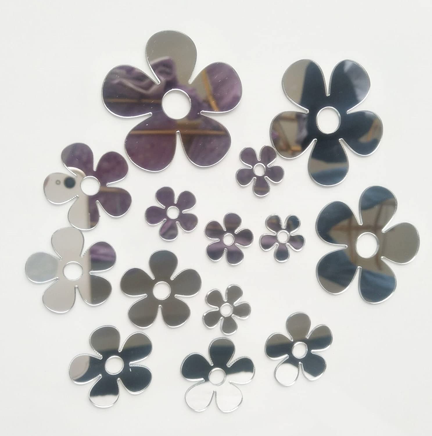 50 Pieces Mirror Stickers Small Flower Shape Different Sizes for Kids Room Home Decor DIY Scrapbooking, Multicolored - Image 2