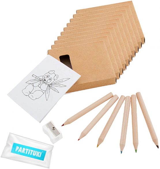 Partituki 10 Coloring Packs. Each with 6 colored pencils, 1 Notebook with Drawings and 1 Sharpener. Ideal as Birthday Party Gift