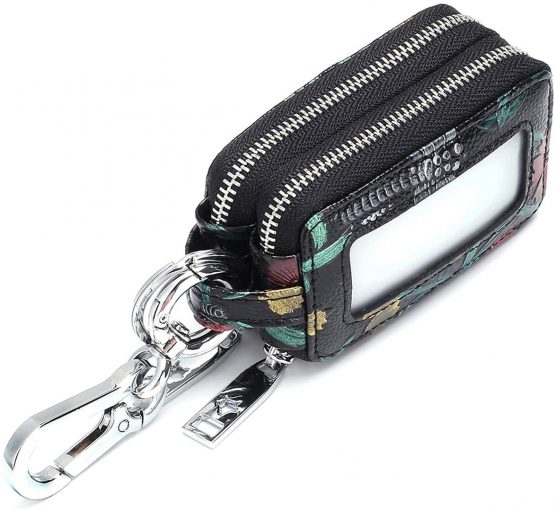 Key Case Holder Aileder Genuine Leather Car Keyring Key Pouch Hand Painted Flowers Keychain Wallet for Women Ladies Double Zipper Keyring Purse (Pattern 3) - Image 3