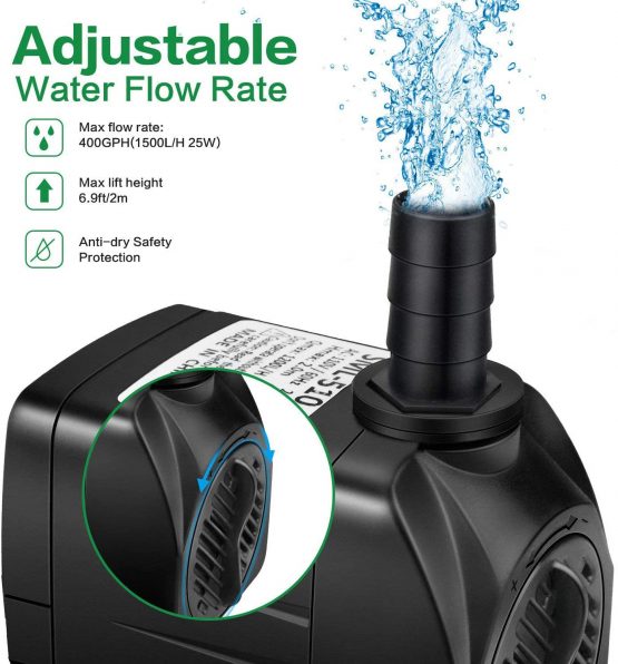 Powcan Water Pump Submersible Water Pump 400Gph 1500L/H Ultra-Quiet 25W Fountain Pond Aquarium Fish Tank Pump with 48 Hours Anti Dry Burning, 6.9ft(2.1m) High Lift, 6.56ft(2m) Power Cord, 2 Nozzles - Image 2