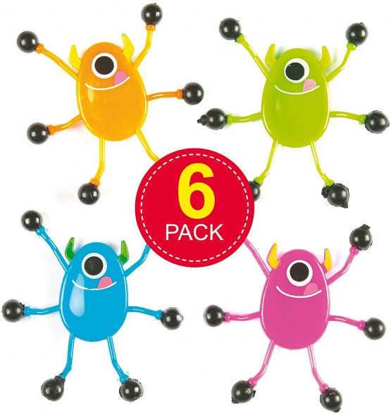 Baker Ross AF396 Monster Wall Crawlers with Sticky Feet — Halloween Novelty Toys for Kids, Perfect Party, Loot or Prize Bag Filler, Assorted Colours (Pack of 6)