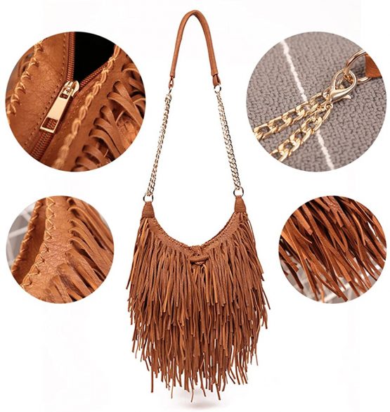 LUI SUI Womens Faux Suede Leather Fringe Tassel Cross Body Hobo Shoulder Bags - Image 4