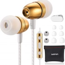 Betron ELR50 Earphones with Microphone, Noise Isolating Wired Headphones Earphones with Microphone and Volume Control, Carry Case, Enhanced Bass, 3.5 mm Jack, Gold