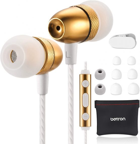 Betron ELR50 Earphones with Microphone, Noise Isolating Wired Headphones Earphones with Microphone and Volume Control, Carry Case, Enhanced Bass, 3.5 mm Jack, Gold