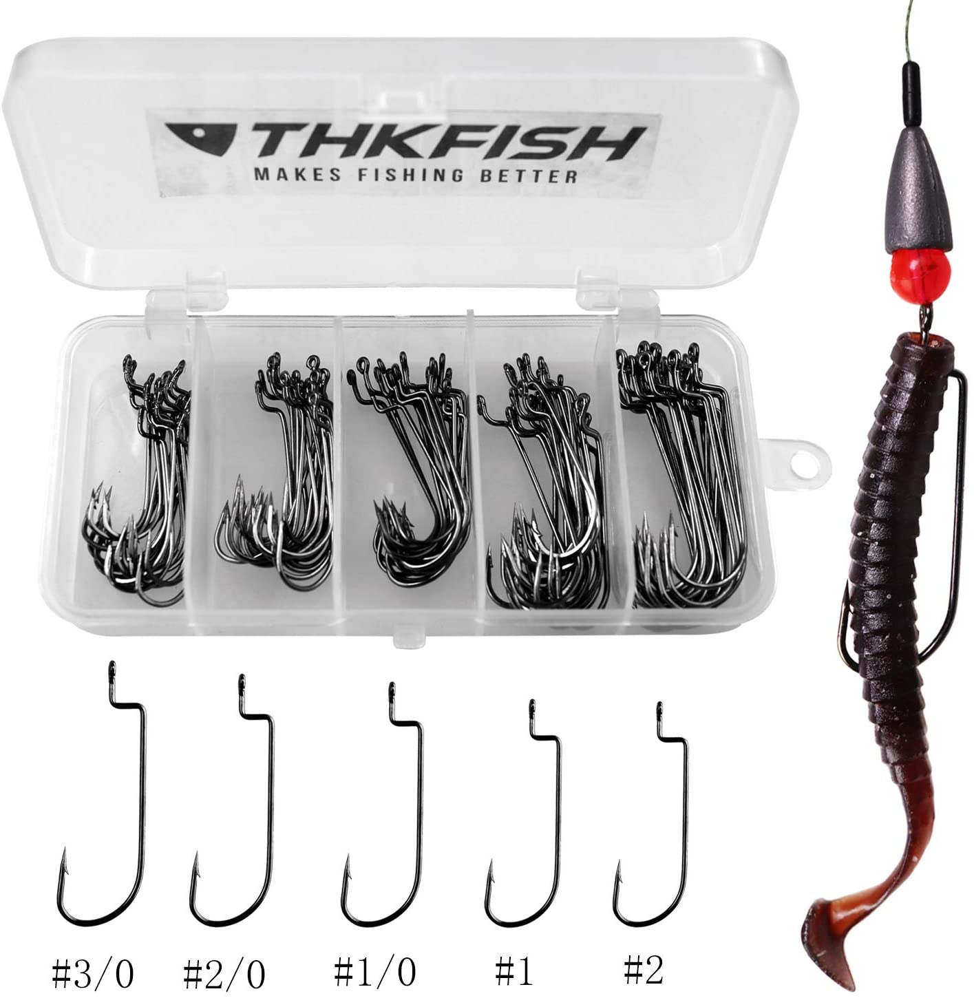 THKFISH 50pcs/Box Fishing Offset Worm Hooks EWG-Offset Fishing Hooks Round Bend Offset Worm Hooks Wide Gap Hooks With Barbed Shank #2#1 1/0 2/0 3/0