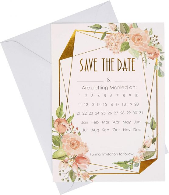 Neviti 775288 Geo Floral Cards-10 Pack Save The Date Cards, Pink/Peach/Gold, 20.7 x 14.6 x 0.1
