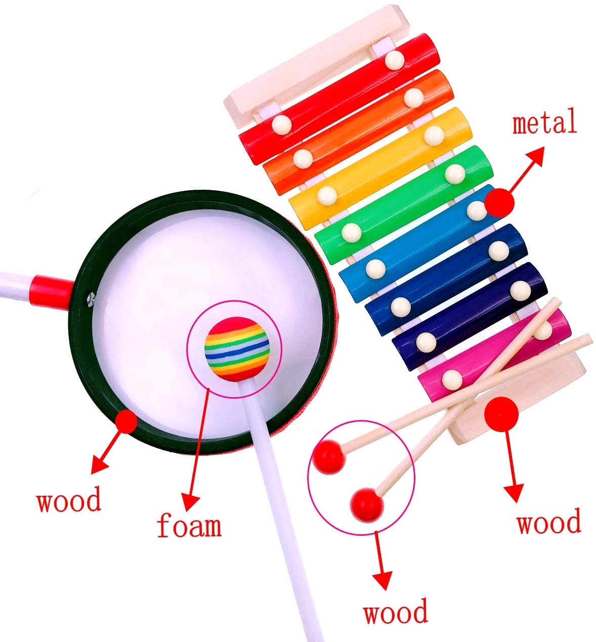JZK Wooden Xylophone & lollipop hand drum with stick beater, children musical instrument toy