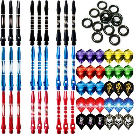 JpGdn 87 Pcs Darts Shafts and Flights Aluminum 2BA Medium Dart Stems Assorted Thread Throwing Fitting with O'ring for Indoor Dart Games Professional Dart Accessories