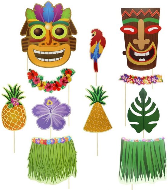 Meetory 36Pcs Hawaiian Photo Booth Props Kit, Selfie Props Celebration for Hawaii Seaside, Summer Pool Party, Luau Tropical Tiki Beach Vacation Dress-up Costume Accessories Decoration - Image 3