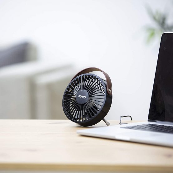 Pifco P55003 Mini Fan, USB Fan, Compact and Lightweight, Desk Fan, Leather Strap Detail, Plastic, Black - Image 2