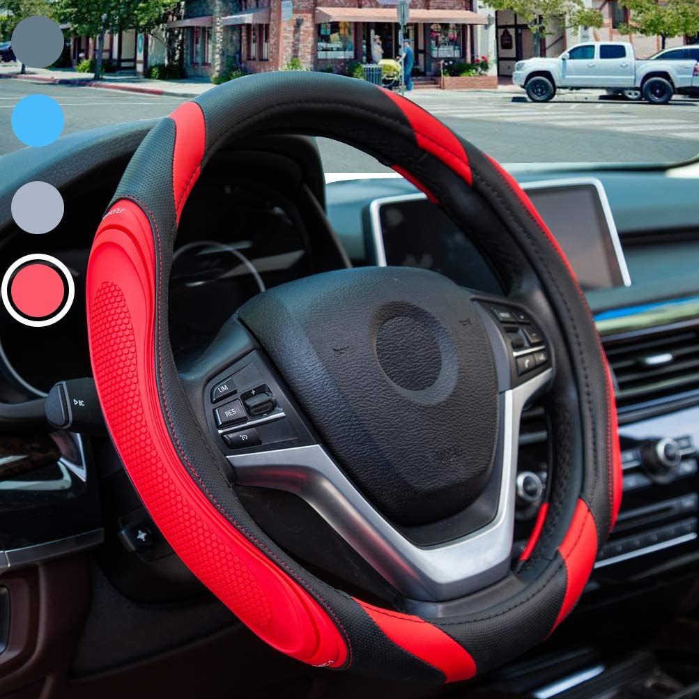 Car Steering Wheel Cover - Sportage Leather Steering Wheel Cover Universal Size M 37-38cm /14.5-15inch, Anti-slip, Breathable, Red