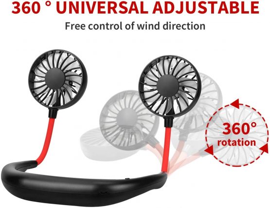 Portable neck Fan Hand held Hand Free Fan USB Rechargeable mini Sports Neck Hanging lithium Battery Rechargeable fans desk small fans office tiny little Perfect forTraveling Outdoor Room (Black) - Image 2