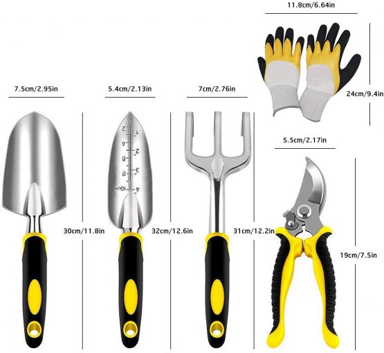 AGAKY Garden Tool Set 5 Piece Aluminum Gardening Tools Kit with Gloves, Pruning Shear, Rake, Shovel & Trowel Heavy Duty Indoor and Outdoor Hand Planting Kit Gardening Gifts for Women & Men, Yellow - Image 2