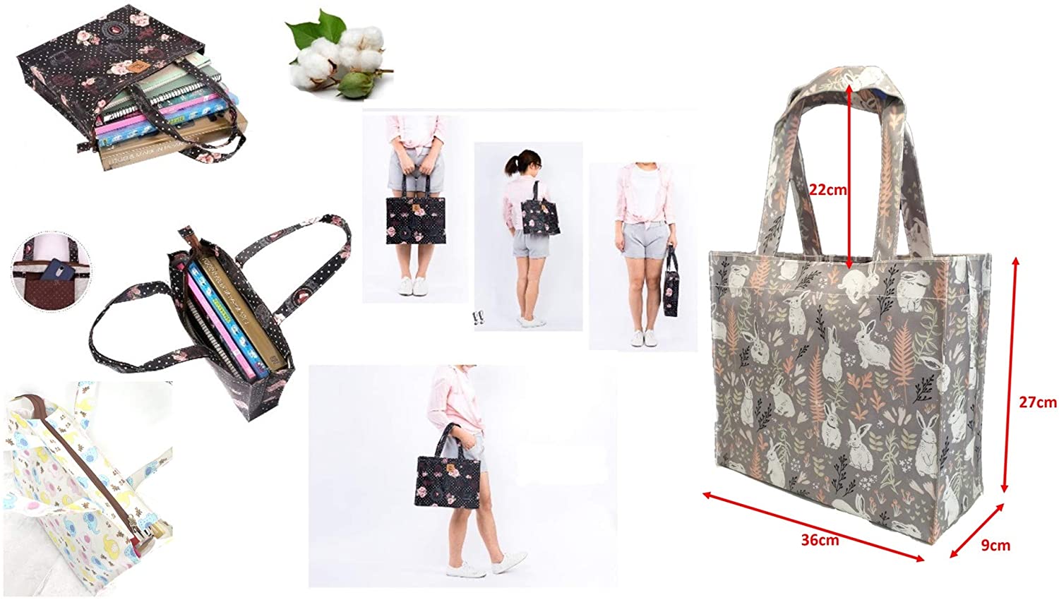 Bookbag with Gusset, Music Bag, Tote Bag, Shopping Bag, Oilcloth Tote, Blossom a, 36 27 9cm, 36*27*9cm - Image 3