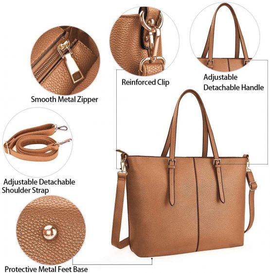 Women Handbag Laptop Tote Bag 15.6 Inch Large Leather Shoulder Bag Designer Lightweight Computer Tote Bag Lady Stylish Handbags for Work Business School College Travel Brown - Image 2