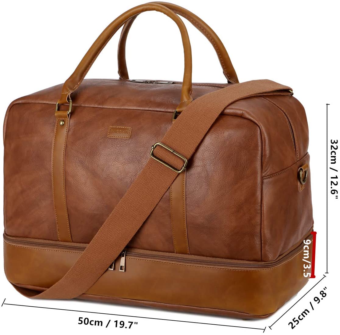 BAOSHA Faux Leather Travel Holdall Carry On Weekender Bag Overnight Travel Duffel Tote Bags for Men and Women with Shoe Compartment HB-38 (Brown) - Image 2