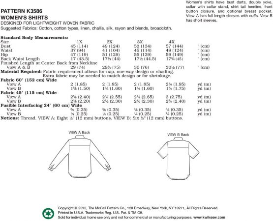 KWIK - SEW PATTERNS K3586 Size 1X - 2X - 3X - 4X Shirts, Pack of 1, White - Image 4