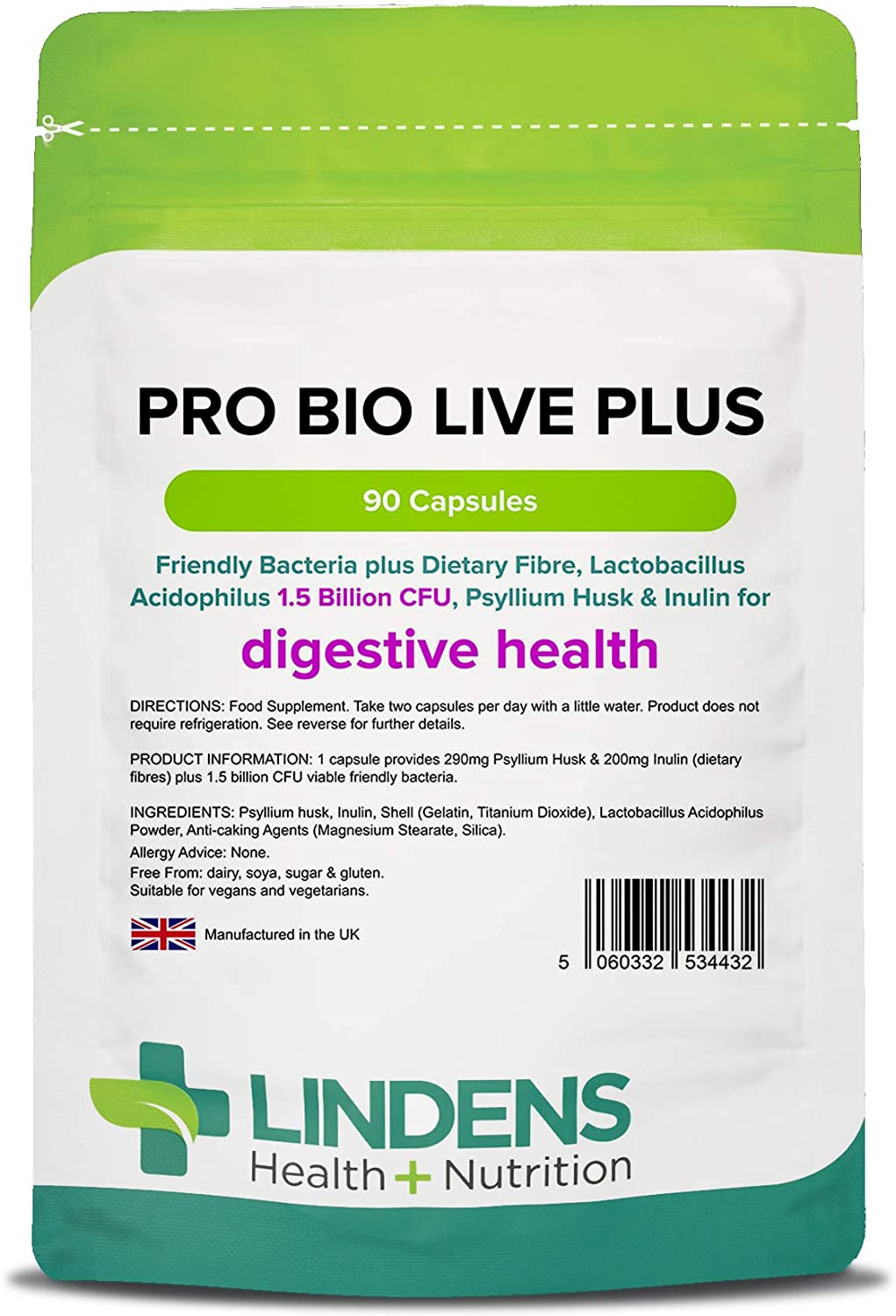 Lindens, Pro Bio Live Plus Dietary Fibre, 90 Capsules, UK Made, Lactobacillus Acidophilus
