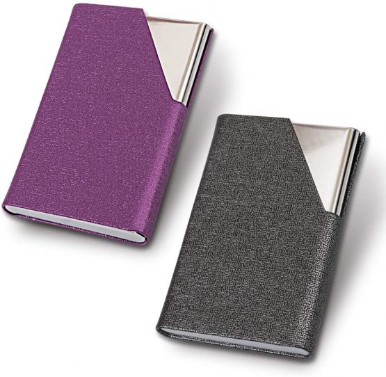 homEdge Business Card Holder, Slim Professional 2 Packs PU Leather+Stainless Steel Business Card Case for Traveling and Business-Gray and Purple