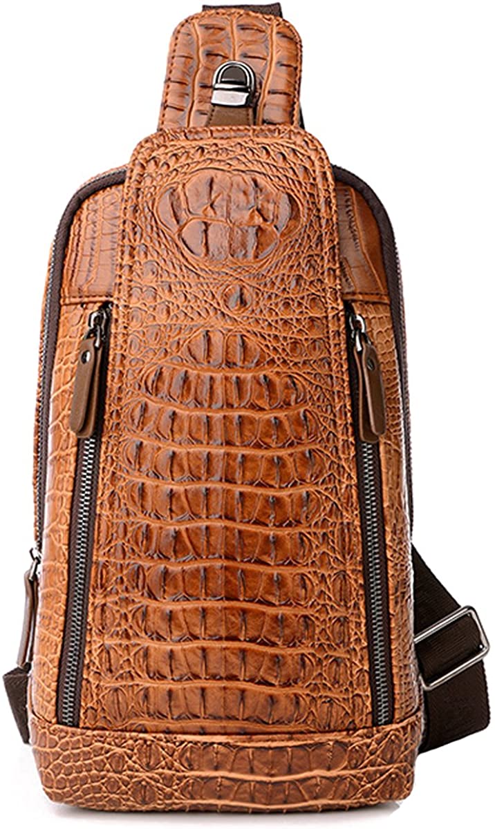 FiveloveTwo Mens Sling Bags Crocodile Leather Multipurpose Outdoor Shoulder Crossbody Chest Bag Satchels Hiking School Daypack Brown