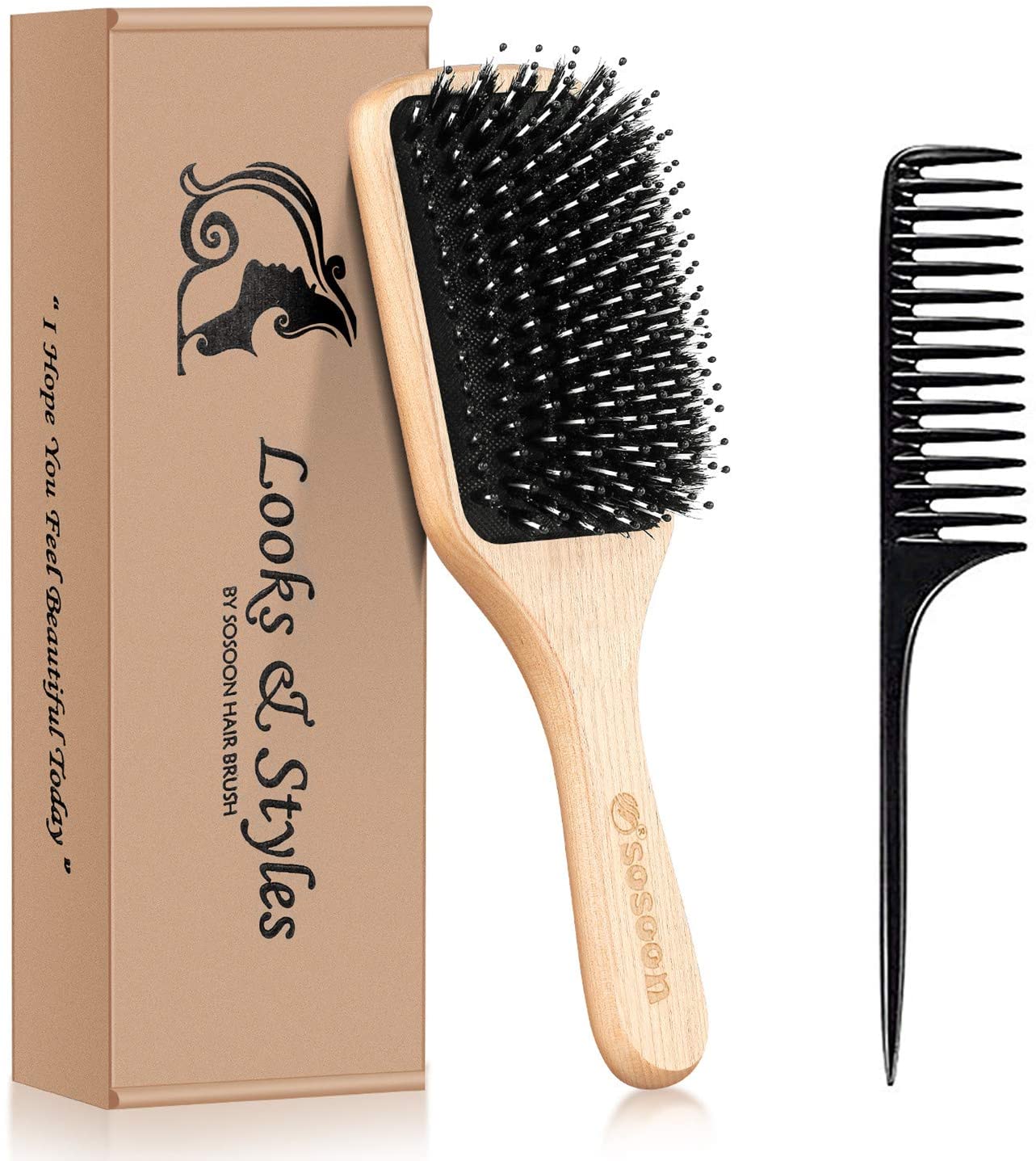 Hair Brush, Sosoon Boar Bristle Paddle Hairbrush for Long Thick Curly Wavy Dry or Damaged Hair