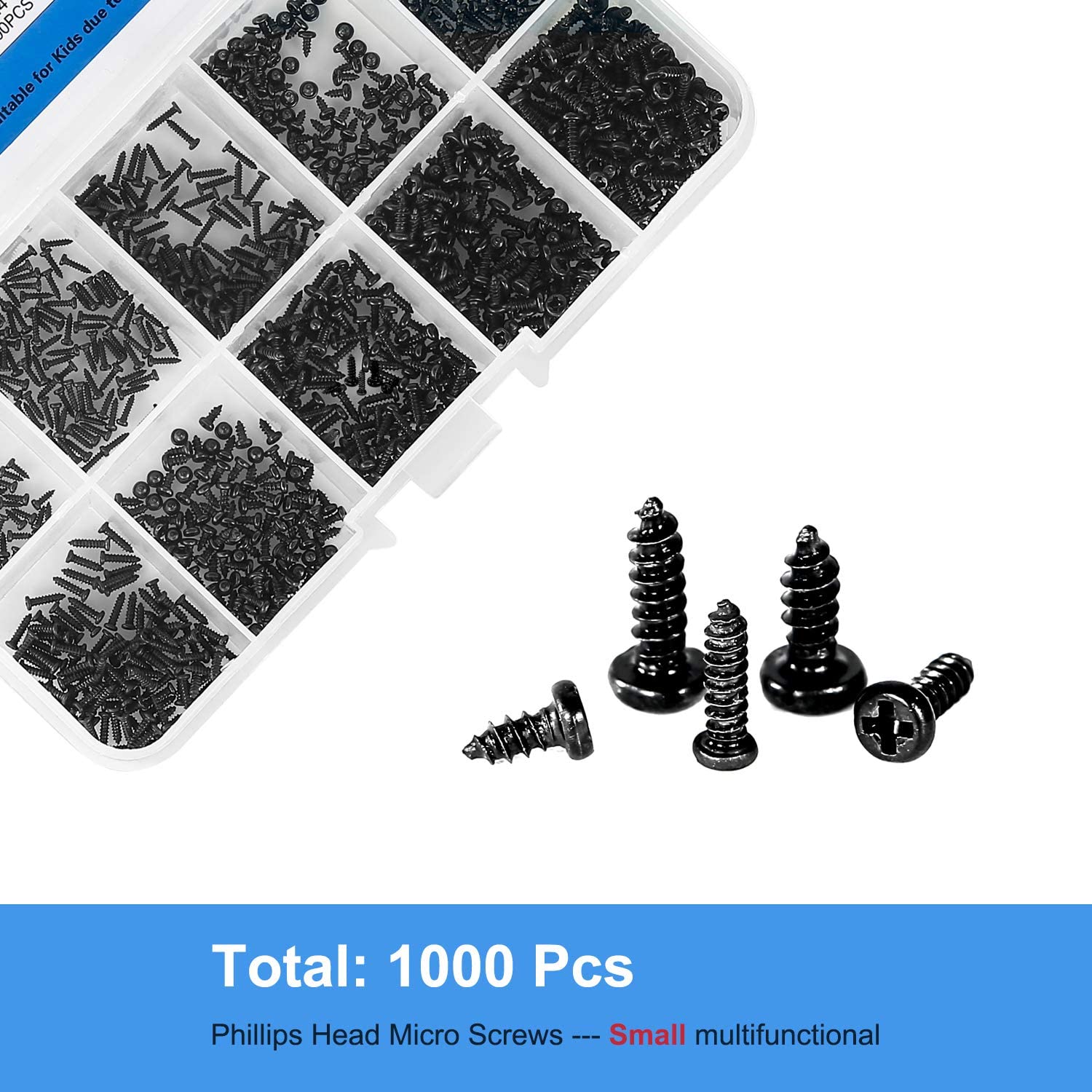 MEIYYJ Small Pan Head Self-Tapping Screws PA Phillips Head Micro Screws Tiny Self-Tapping Screws Assortment Kit Pack of 1000pcs (Black) - Image 3
