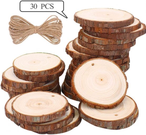 TICIOSH Wood Slices 6-7 cm Natural Wood Slices Drilled Hole Unfinished Log Wooden Circles for DIY Crafts Wedding Decorations Christmas Ornaments (30 pcs 6-7cm)