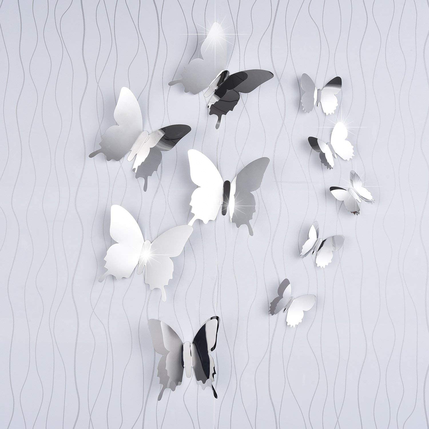 BBTO 36 Pieces DIY Mirror Butterfly Combination 3D Mirror Wall Stickers Home Decoration, Silver, x large