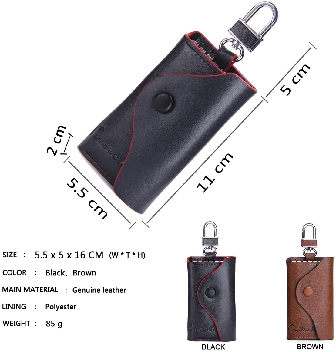 Contacts Mens Genuine Leather Cowhide Car Key Case Card ID Holder Wallet Black, standard size - Image 3