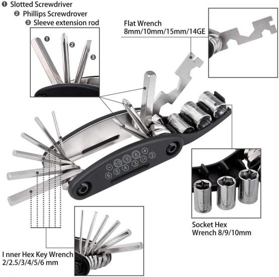 Tagvo Bike Tool Kit,16 in 1 Bike Multifunction Tool with Patch Kit & Tire Levers, Bicycle Fix Tool Kit, Bike Puncture Repair Kit,Bike Cycling Repair Tools Bundle, Cycle Maintenance Kits Set with Pouch - Image 2