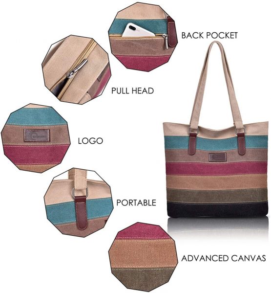 CHEREEKI Tote Bag, Striped Canvas Womens Handbag for School Work Shopping and Travel - Image 3