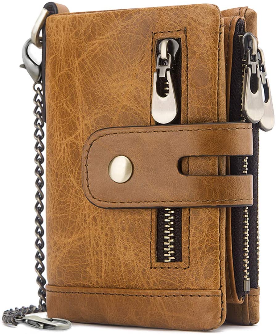 REETEE Mens Wallet RFID Blocking Men's Genuine Leather Wallet and Zipper Coin Pocket Bifold Purse with Chain 16 Credit Card Holder Genuine Leather Gents Wallets Slim Purse (Light Brown)