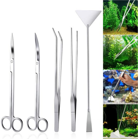 MINERLELE Stainless Steel Aquarium Tools Kit 5 in 1 Fish Tank Cleaner Aquascape Tools Aquatic Plant Aquascaping Tweezers Scissors Tongs Algae Scraper Set - Image 3