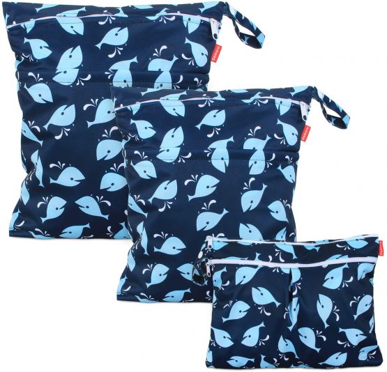 Damero 3 pcs Baby Wet Dry Cloth Diaper Bag, Reusable Wet Dry Nappy Bag, Travel Diaper Organiser Bag for Baby's Nappies, Dirty Clothes and More (Whale)